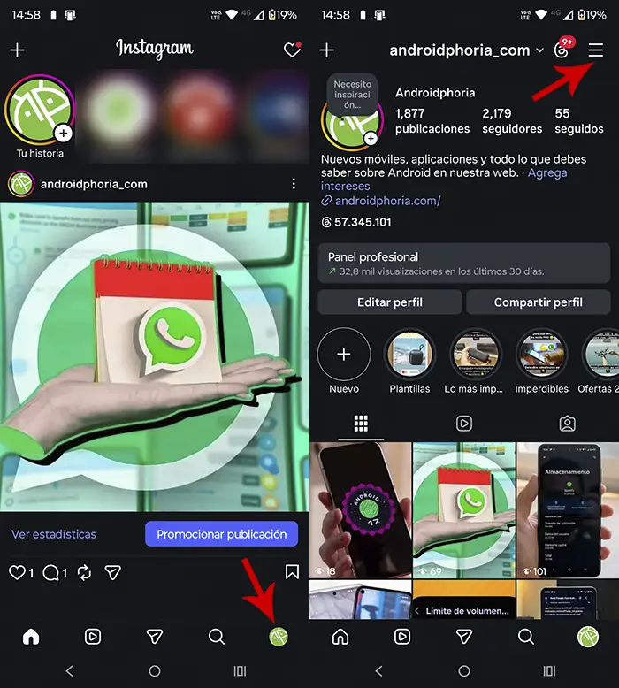 Ver opciones avanzadas e Insatagram