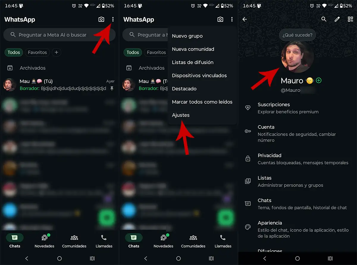 Ver opciones cuenta de WhatsApp