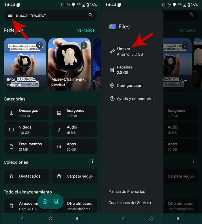 Ver opciones de limpieza Google Files