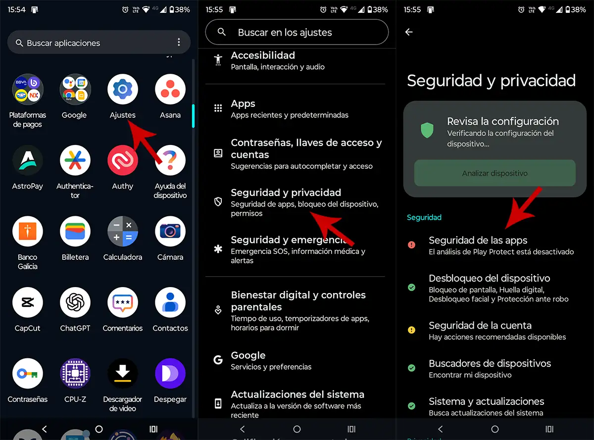 Ver opciones de seguridad de aplicaciones Android