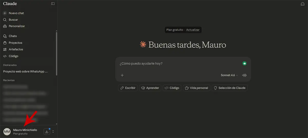 Ver opciones de tu cuenta Claude