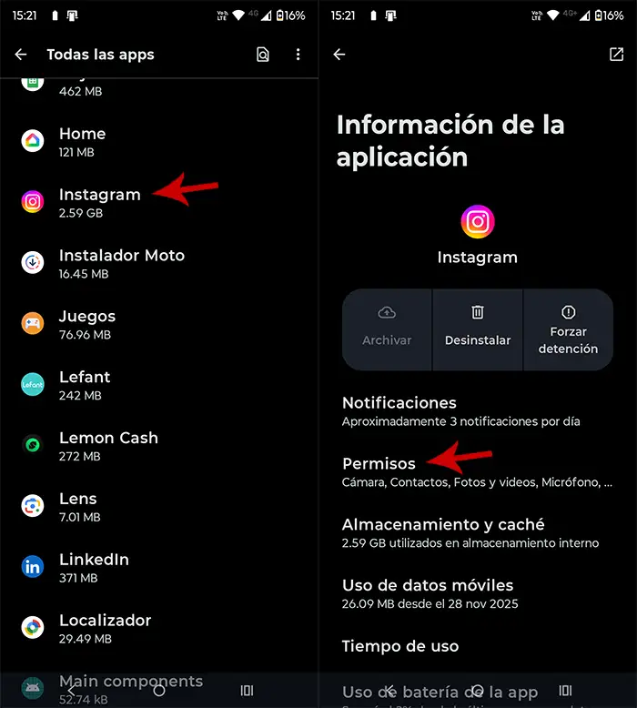Ver permisos de Instagram en el móvil