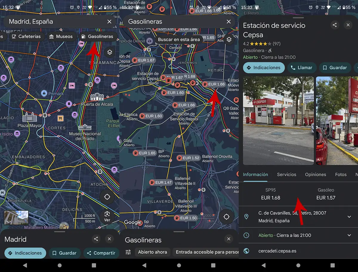 Ver precio de la gasolina en Google Maps