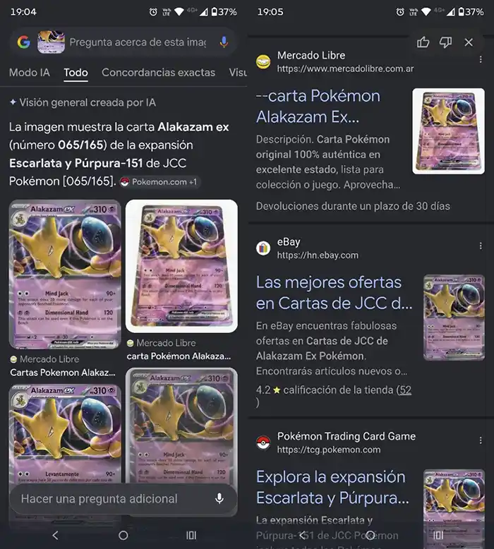 Ver resultados de la carta de Pokémon examinada con Google Lens