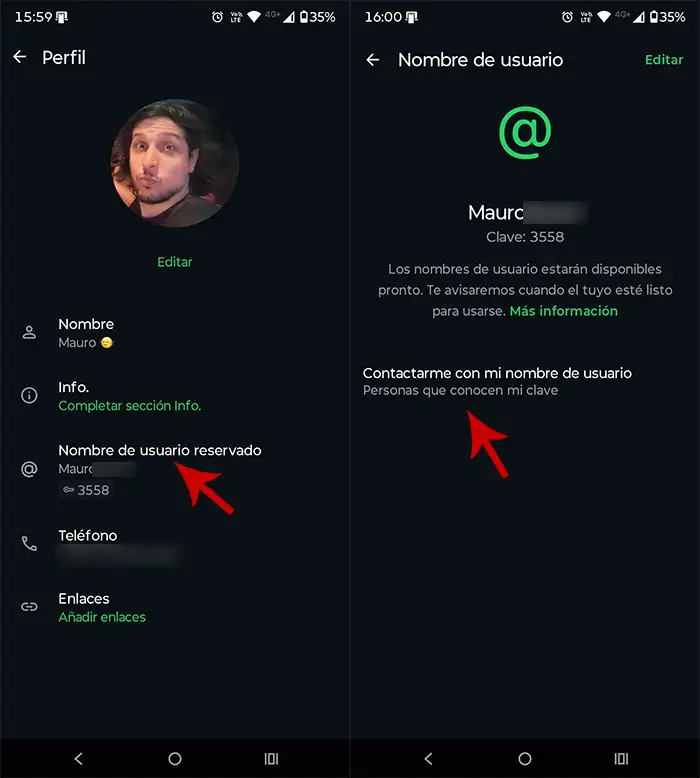 Ver tu nombre de usuario en WhatsApp