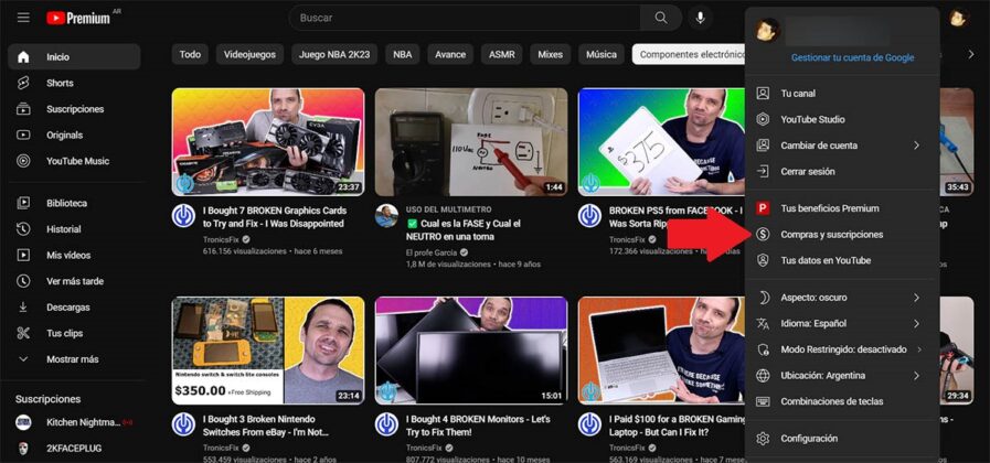 Ver tu suscripcion de YouTube Premium