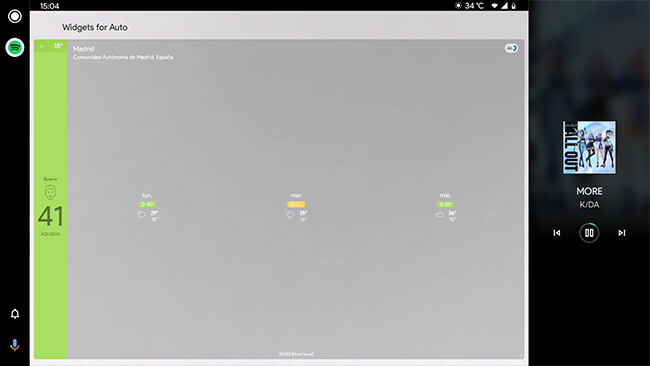 Vista previa del widget del Tiempo en Android Auto con Widgets for Auto