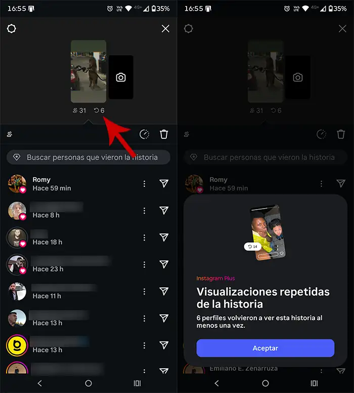 Visualizaciones repetidas historia Instagram