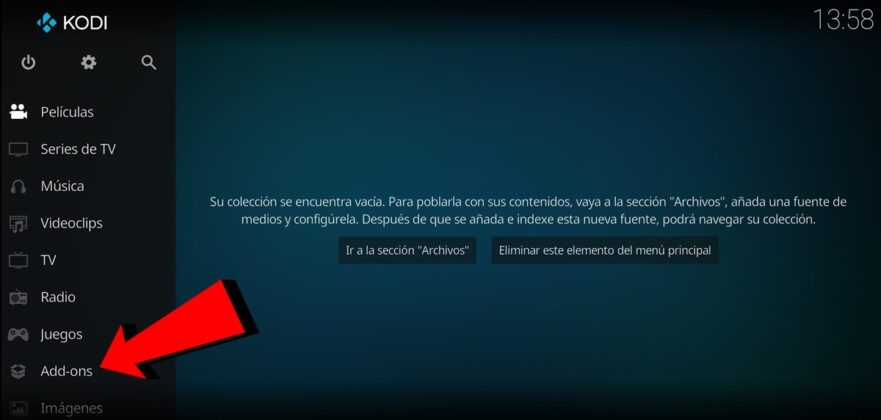 Vuelve a la pagina de inicio de Kodi y ve a Add-ons