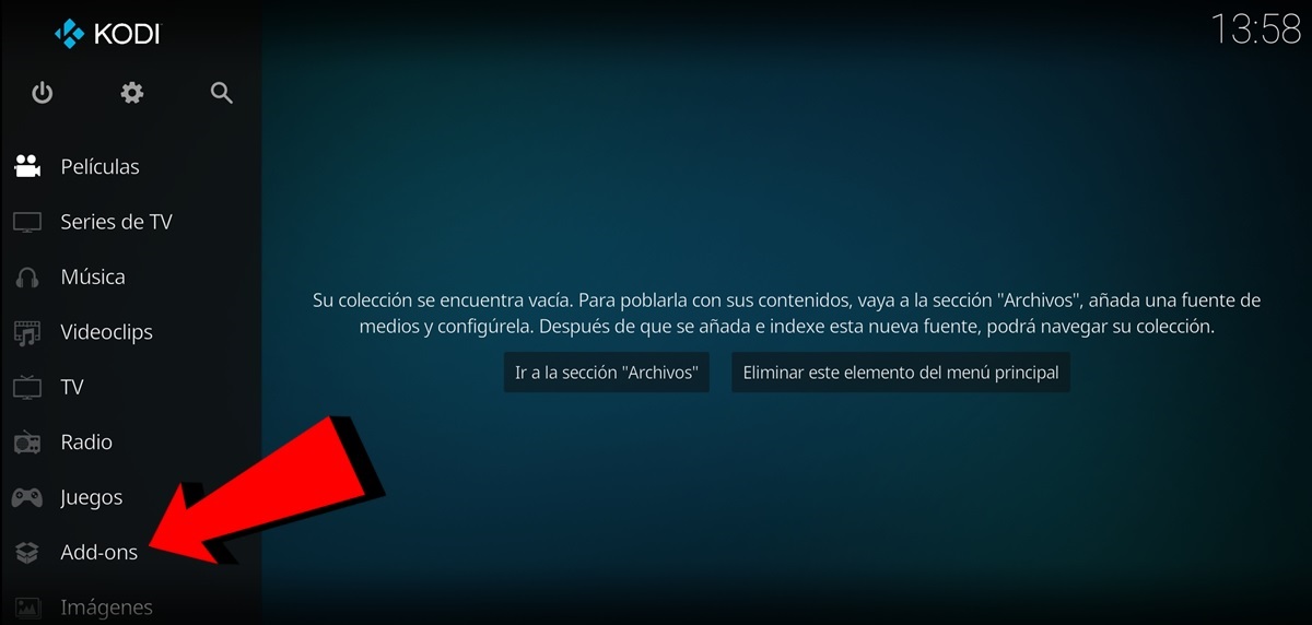 Vuelve a la pagina de inicio de Kodi y ve a Add-ons