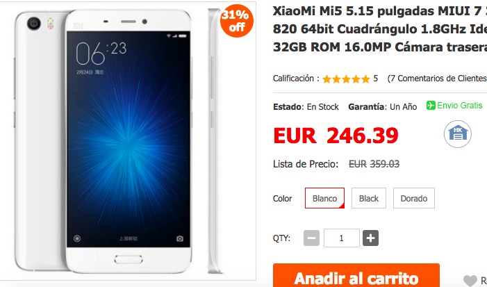 XiaoMi Mi5 por 205 euros en Igogo