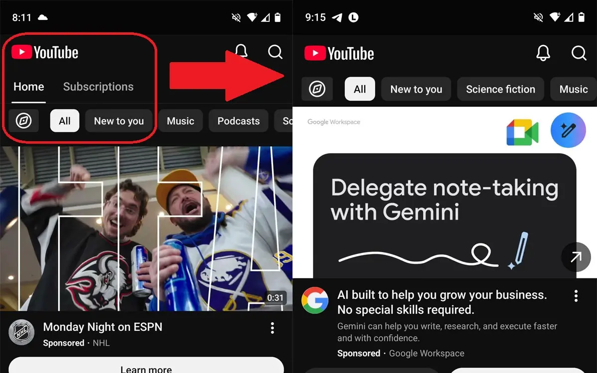 YouTube borra la pestaña "Suscripciones" de su app para Android