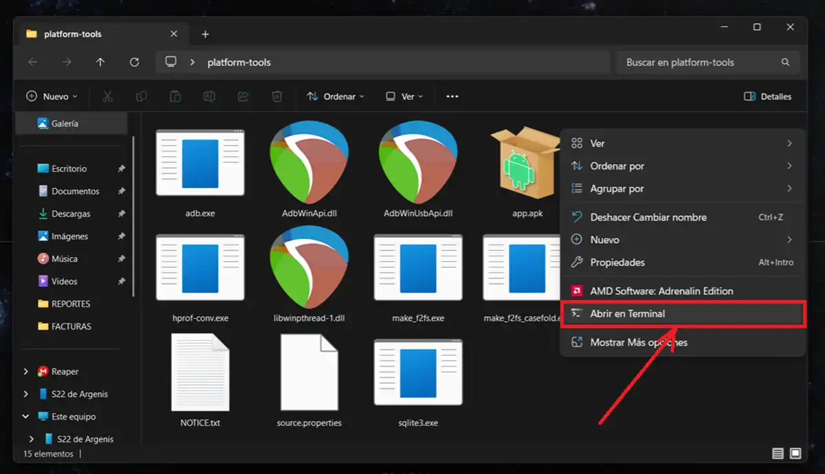 abrir carpeta adb en la terminal