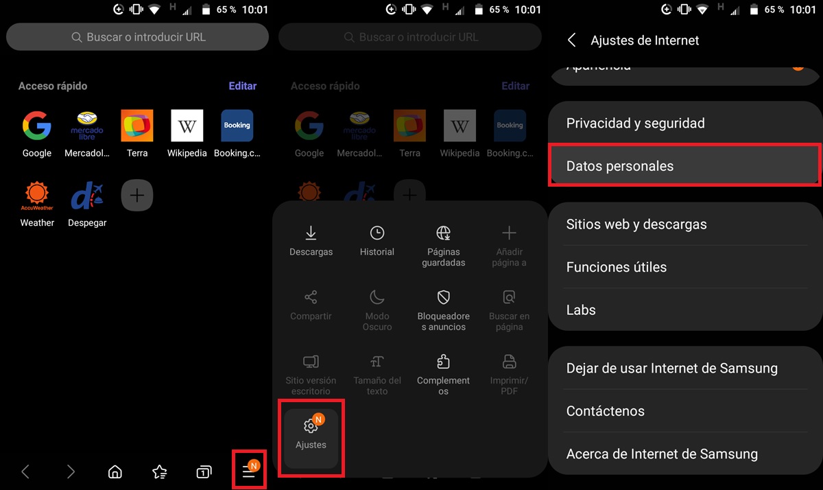 abrir la opcion datos personales de internet de samsung