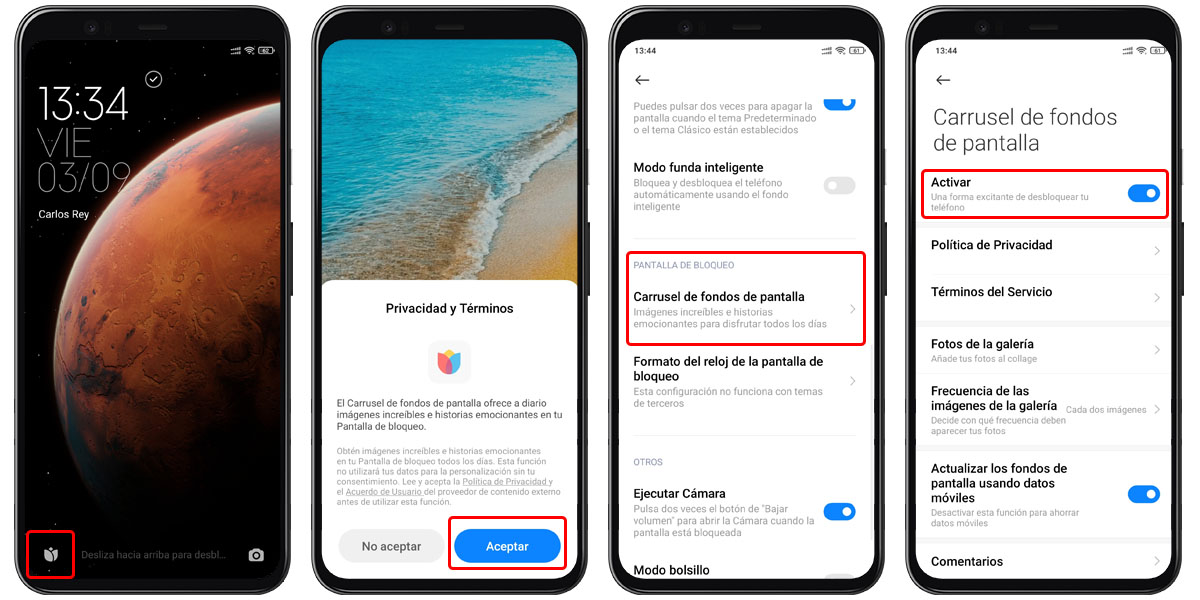 activar carrusel fondo de pantalla de bloqueo xiaomi