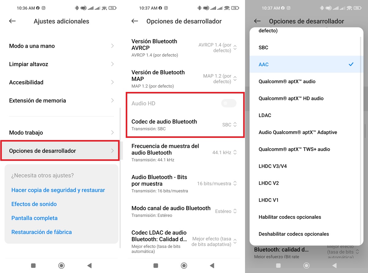activar codec de audio bluetooth para mejorar sonido xiaomi