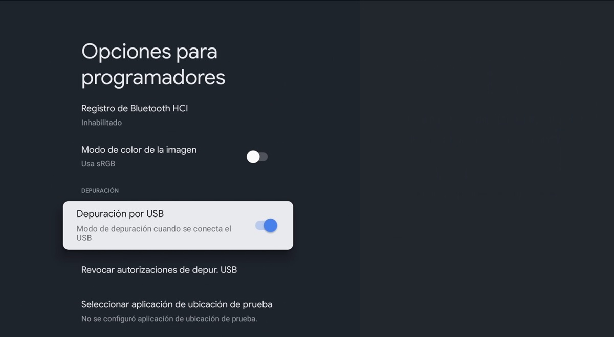 activar depuracion por usb google tv