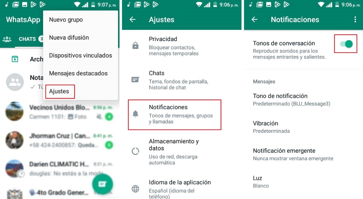 activar los tonos de conversacion de whatsapp