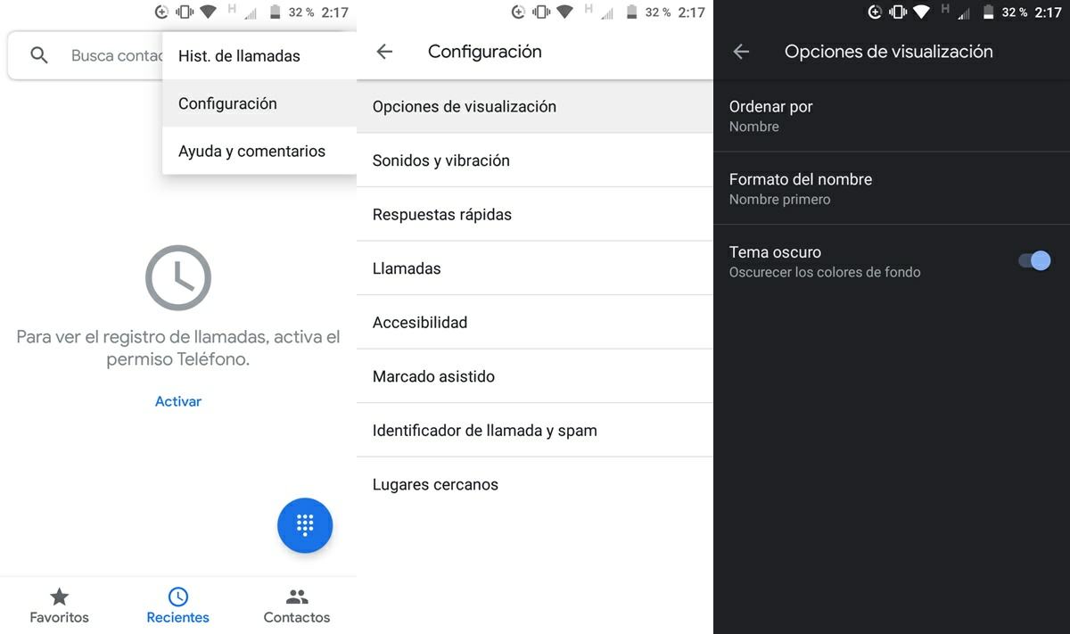 activar modo oscuro app telefono google