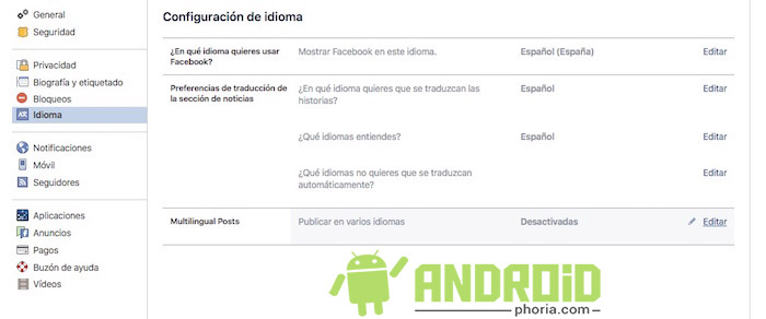 activar traductor facebook