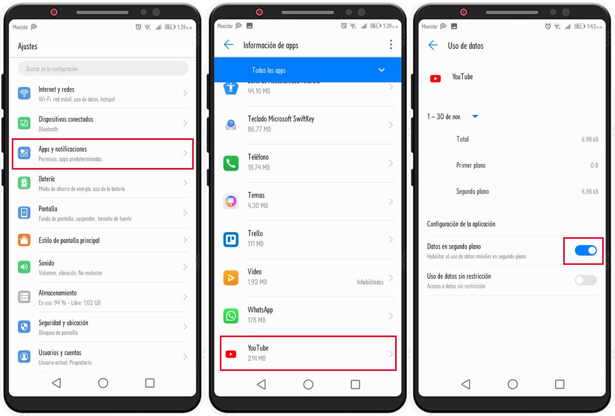 activar uso de datos en segundo plano en Youtube