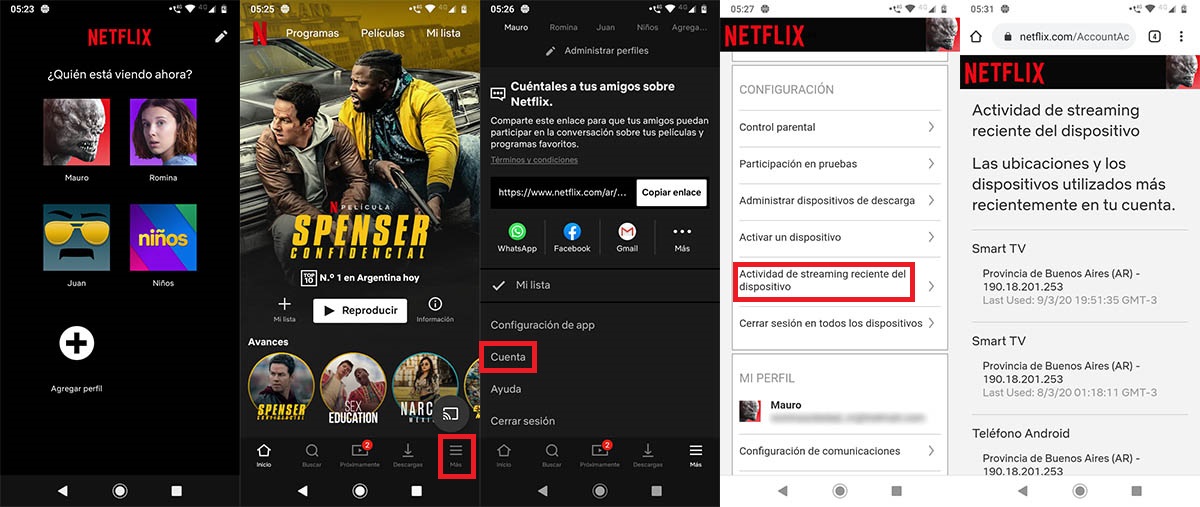 actividad de streaming reciente del dispositivo Netflix