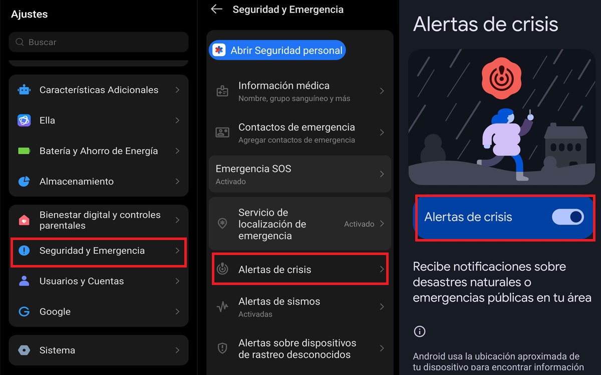 Configuración del ajuste Alertas de crisis en Android
