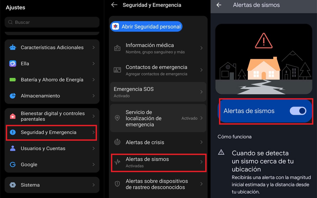 Configuración del ajuste Alertas de sismos en Android