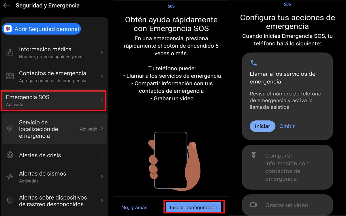 Configuración del ajuste Emergencia SOS en Android