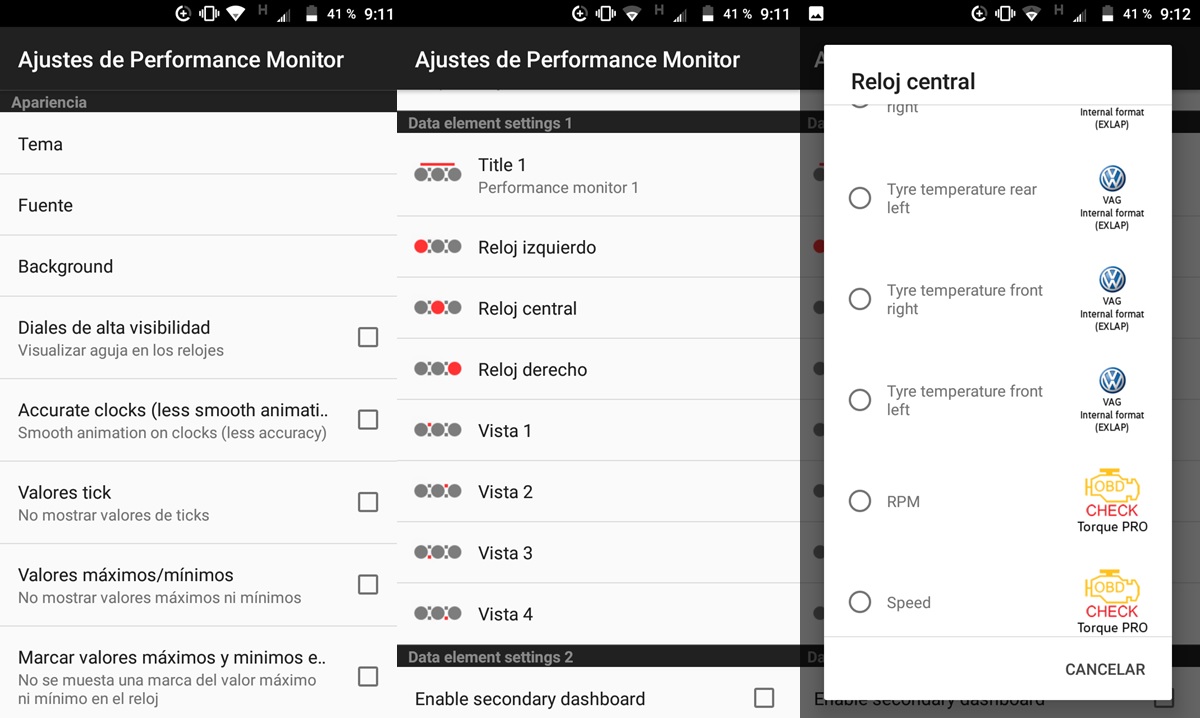 ajustes performance monitor para android auto