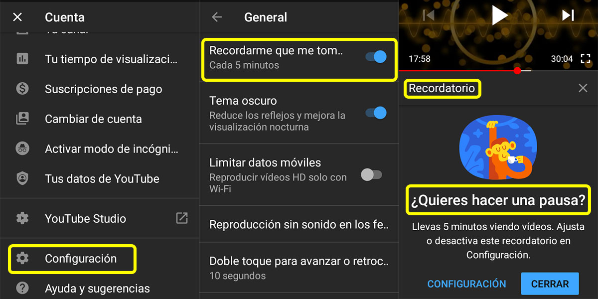 alerta de youtube para tomar un descanso