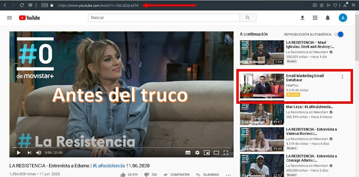 antes del truco para eliminar anuncios de youtube