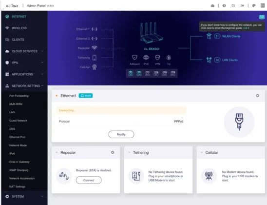 asi es el panel de administracion con todas sus opciones GL.iNet Flint 3e