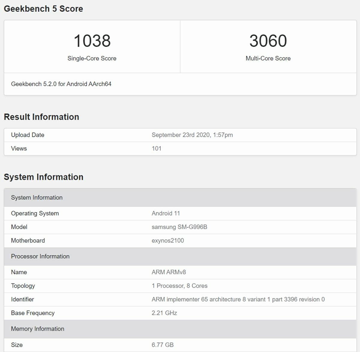 benchmark del galaxy s21 en geekbench 5