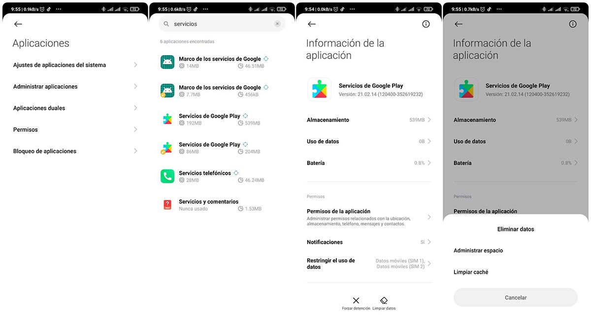 borrar cache servicios de google play resolver error 8 android auto