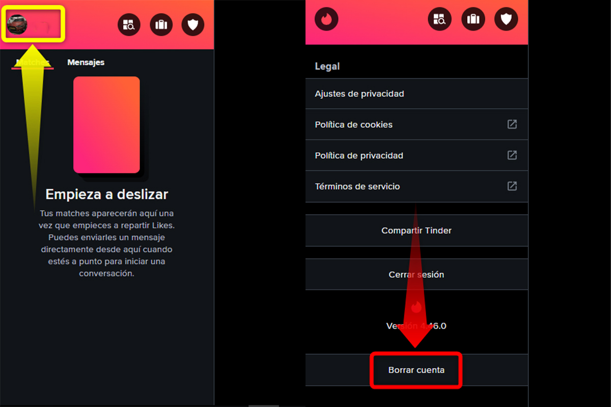 Entra en Tinder y busca la opción de "Borrar cuenta"