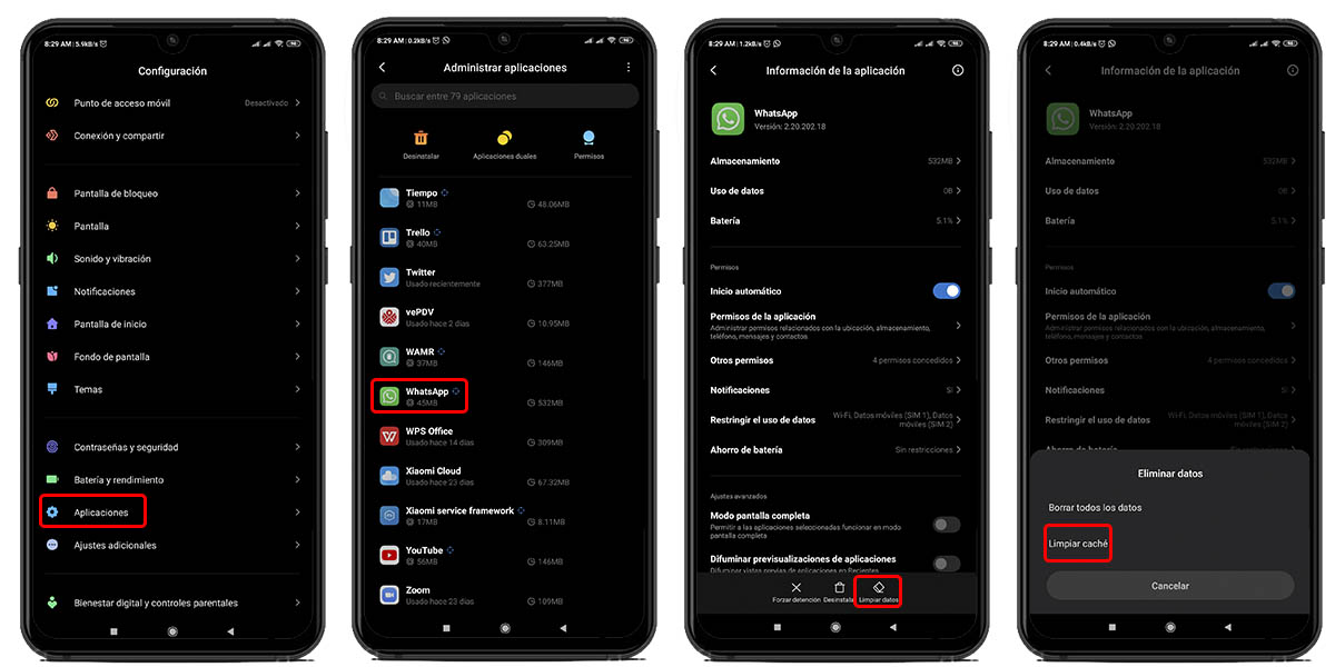 borrar datos y caché whatsapp