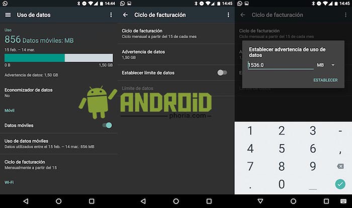 cambiar advertencia datos android