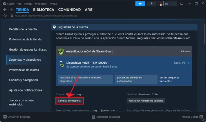 cambiar contrasena de steam para expulsar dispositivos conectados