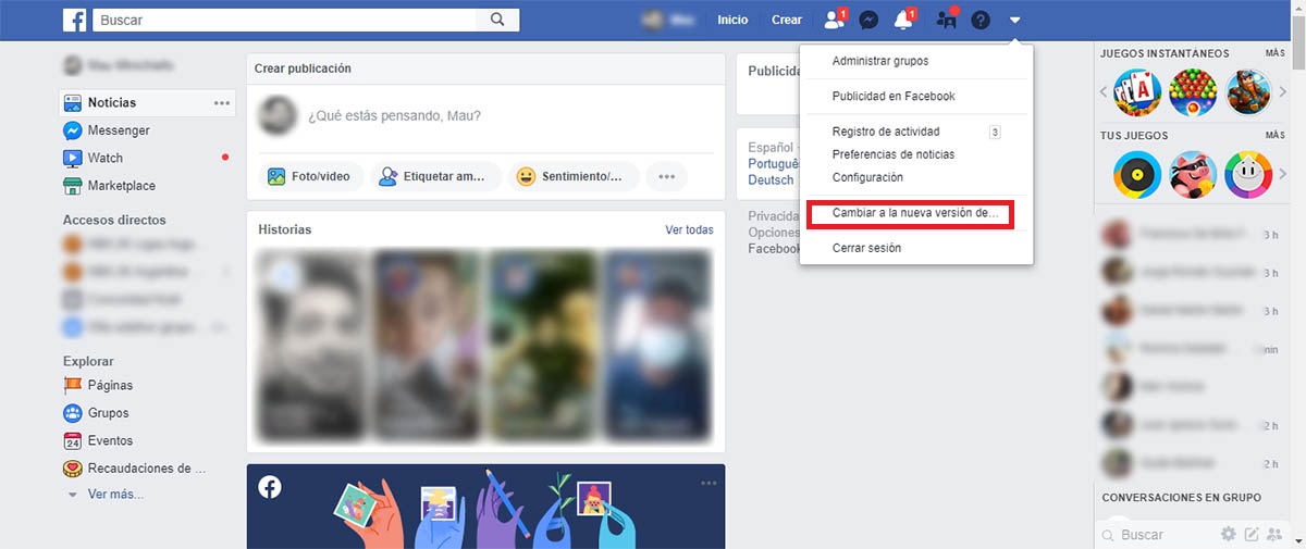 cambiar la version de Facebook