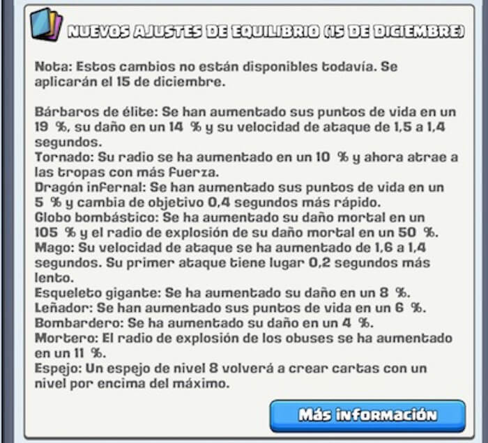 Nuevo balance de cambios de Clash Royale 15 de diciembre