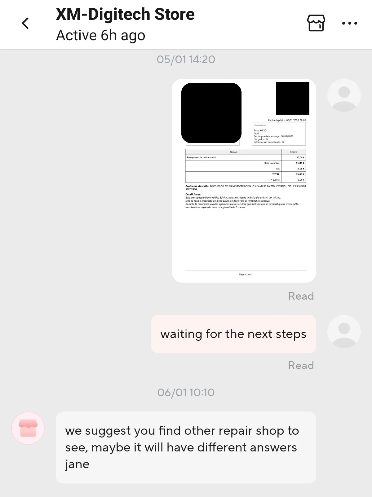 captura respuesta despues de facilitar documento de reparacion aliexpress