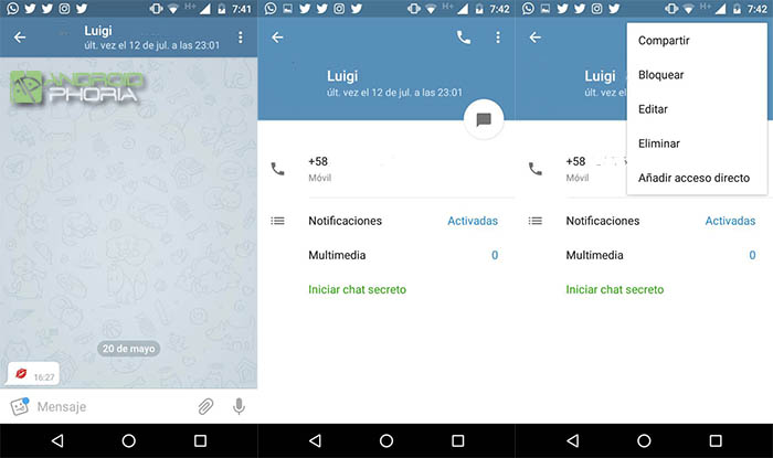 capturas para eliminar un contacto de Telegram