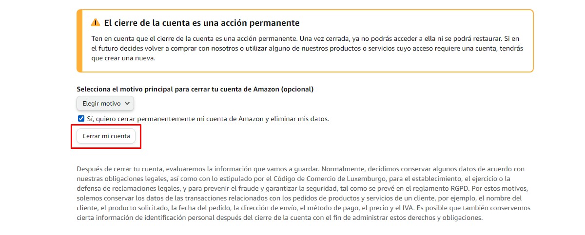 cerrar permanentemente cuenta de amazon