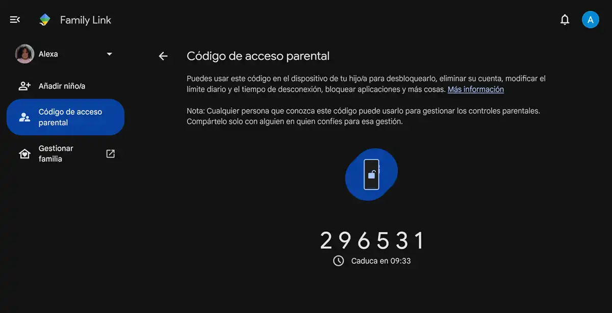 codigo de acceso parental family link