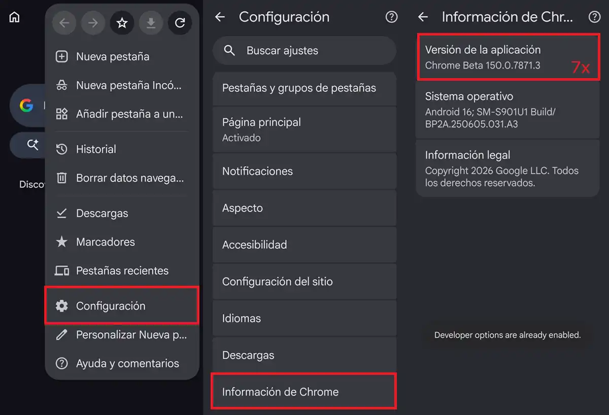 como activar Opciones de desarrollador en Chrome para Android
