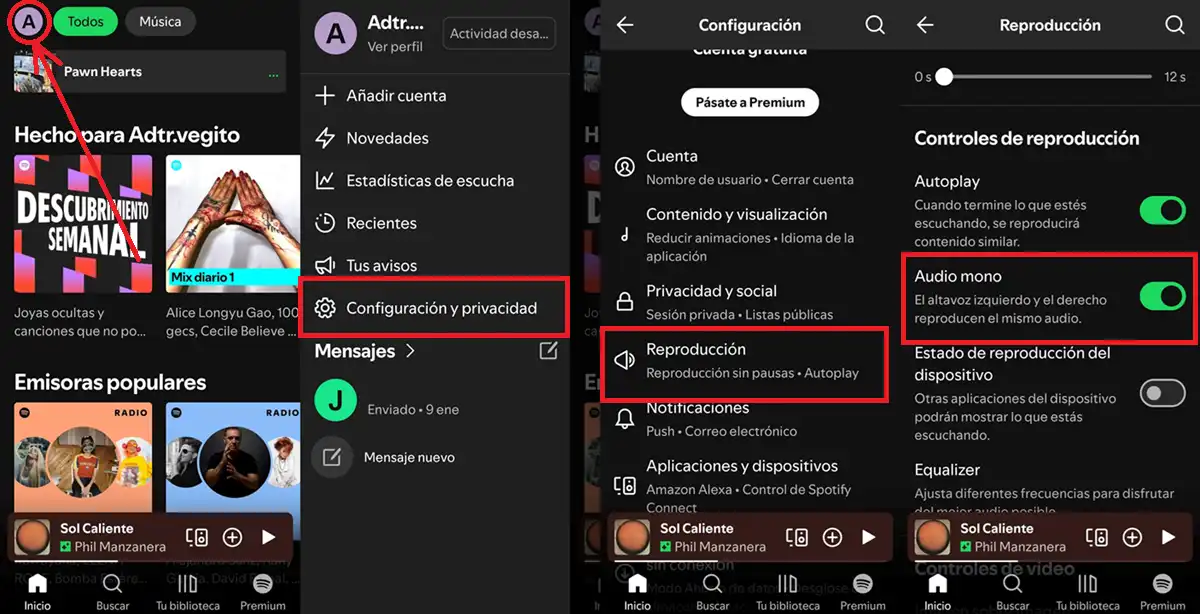 como activar audio mono en spotify para android e ios