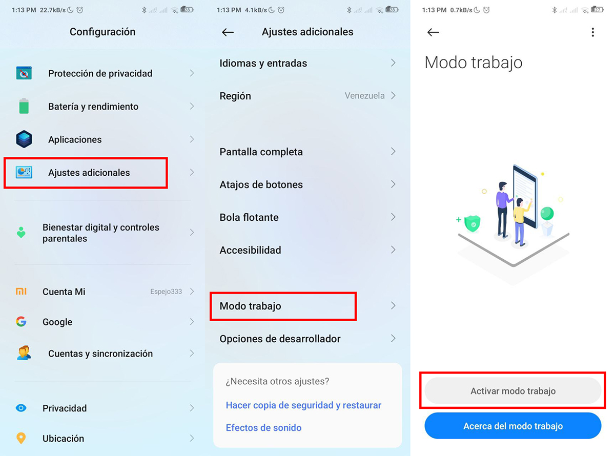 como activar el modo trabajo