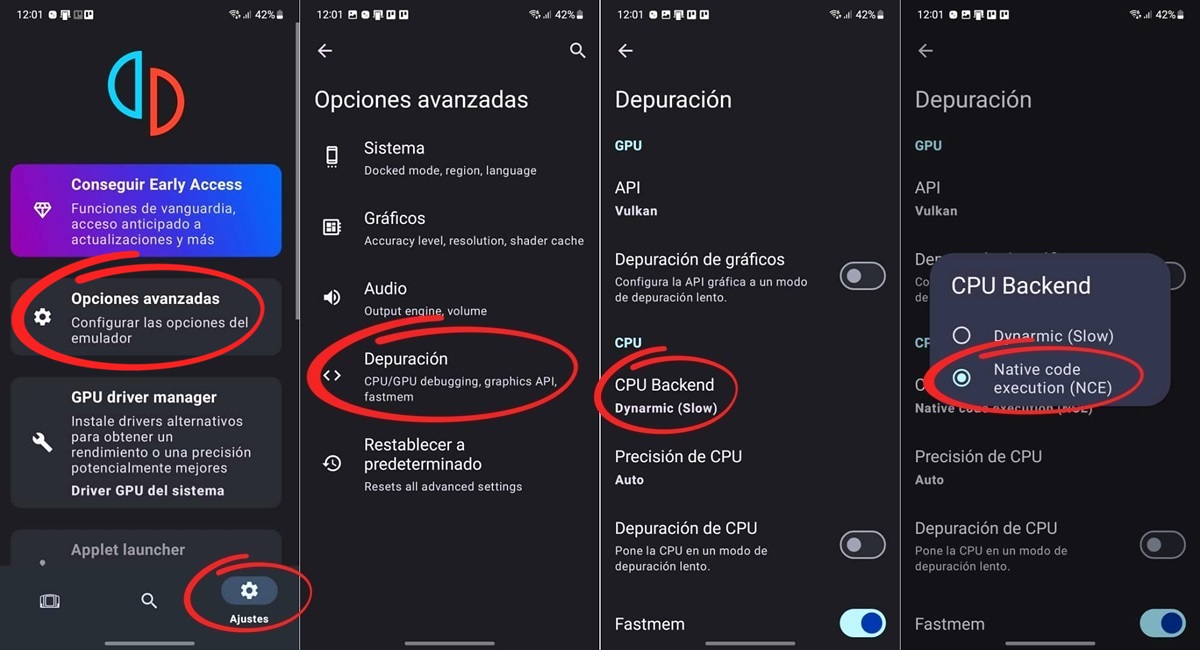 como activar la ejecucion de codigo nativo NCE en Yuzu para Android