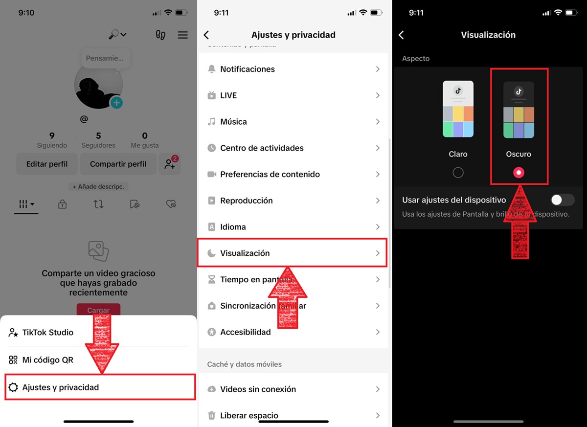 como activar modo oscuro de tiktok en iphone